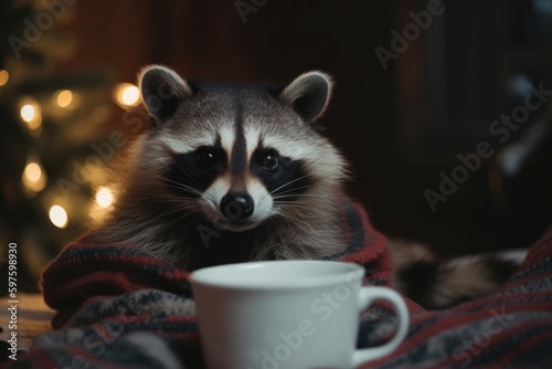 Cozy raccoon snuggled up in a warm woolen blanket and holding a steaming mug of hot cocoa in front of a Christmas tree. Generative AI