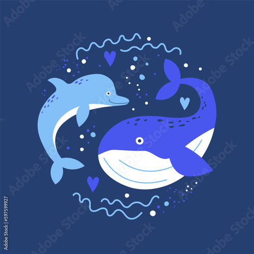 Dolphin and whale. Hand drawn illustration of marine mammals in the sea. Day of whales and dolphins, Day of the oceans, protection and rescue of sea creatures. Characters in cartoon flat style. 