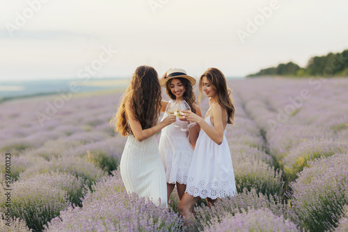 Women holding glasses of wine making a toast outdoors. Happy friends raised glasses and celebrating at summer picnic. Summer picnic leisure, holidays, eating, people and food concept.