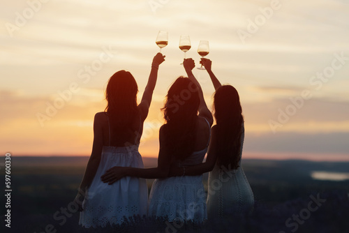 Silhouettes of women in the park in evening sunlight. The lights of a sun. The company of female friends enjoys a summer picnic and raise glasses with wine. Copy space.