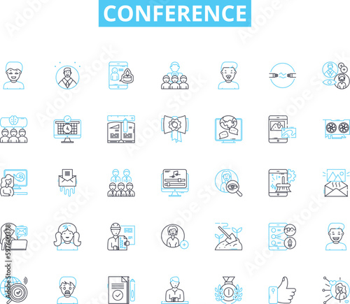 Conference linear icons set. Nerking, Presentations, Workshops, Keynote, Panels, Sessions, Industry line vector and concept signs. Experts,Speakers,Schedule outline illustrations