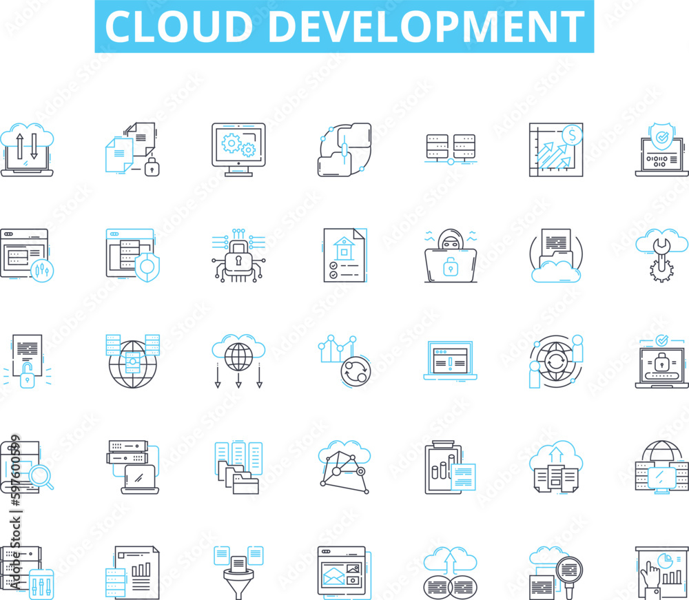 Cloud development linear icons set. Scalability, Virtualization, Automation, Containerization, DevOps, Microservices, Cloud-native line vector and concept signs. Agility,Orchestration,Cloud-based