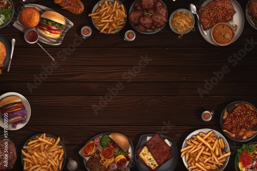 An assortment of takeout and delivery foods including hamburgers  pizza  fried chicken  and sides  arranged on a dark wood background. Image generated by AI