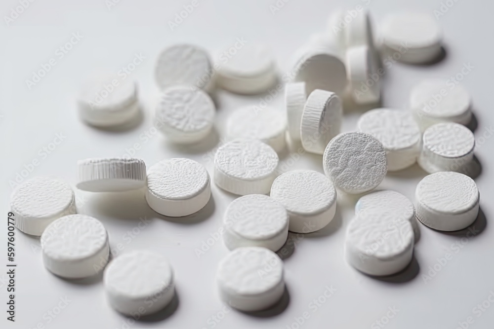 heap of white pills scattered on a table surface. Generative AI heap of white pills scattered on a table surface. Generative AI