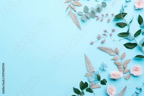 Flat lay with flowers and leafs, illustration, cute, minimalistic layout