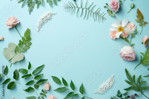 Flat lay with flowers and leaves, illustration, cute, minimalistic layout
