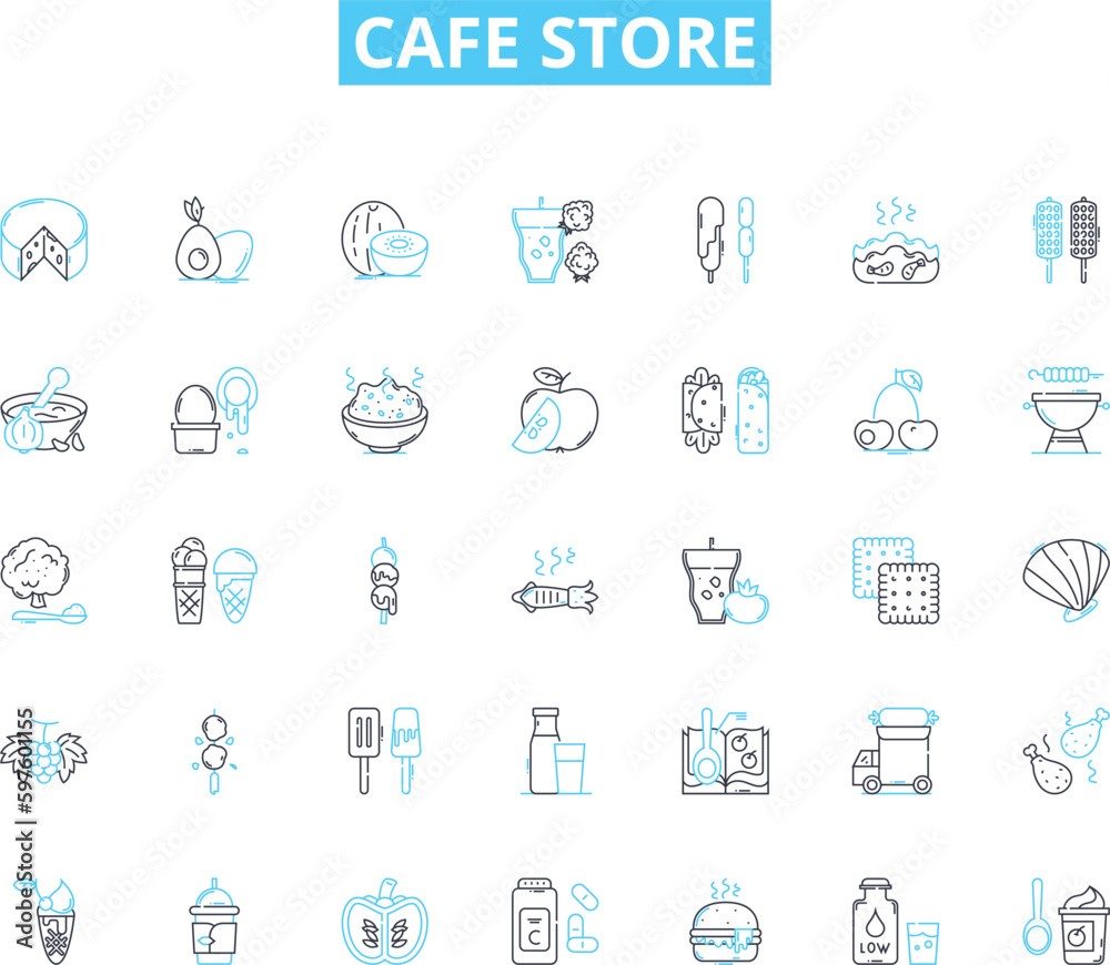 Cafe store linear icons set. Coffee, Latte, Muffin, Bagel, Croissant, Espresso, Cappuccino line vector and concept signs. Sandwich,Brunch,Breakfast outline illustrations