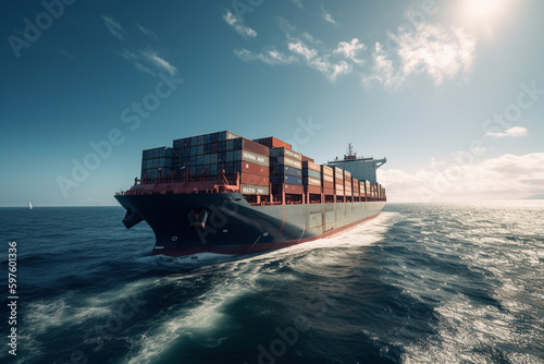 Fotografiet freighter carrying containers against clear blue sky
