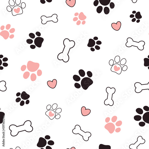 Cute seamless pattern with pet paw, bone and hearts. Vector illustration on white background. It can be used for wallpapers, wrapping, cards, patterns for clothes and other.