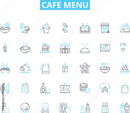 Cafe menu linear icons set. Brunch, Coffee, Pastries, Sandwiches, Salads, Smoothies, Tea line vector and concept signs. Breakfast,Desserts,Bagels outline illustrations