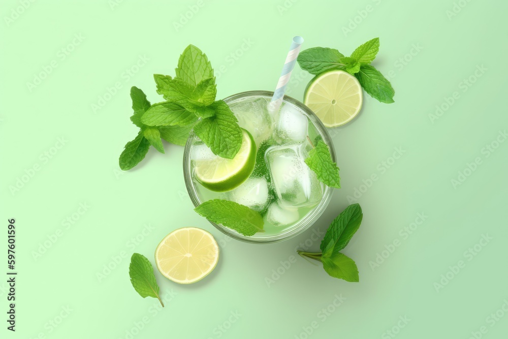 Mojito cocktail with lime, mint and ice on green background. Top View. Generative AI