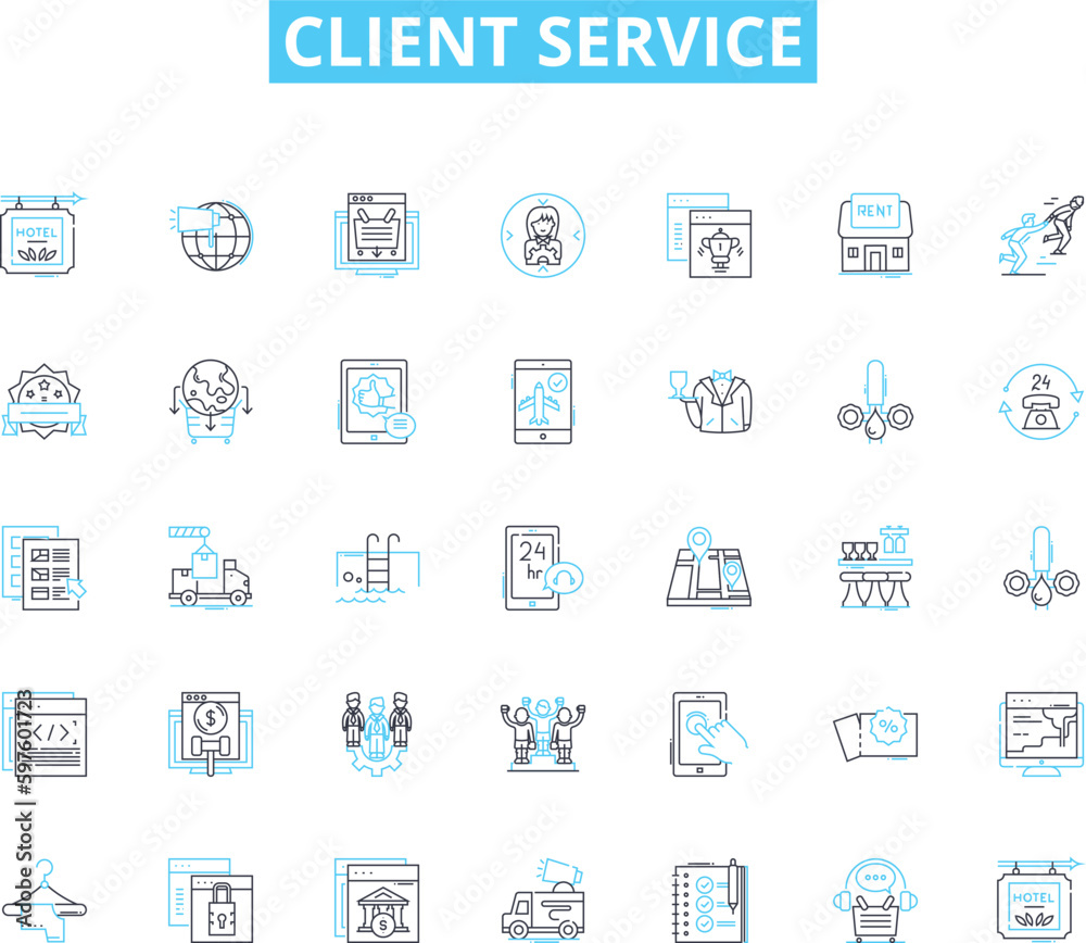 Client service linear icons set. Support, Help, Assistance, Compassion, Empathy, Relationship, Communication line vector and concept signs. Understanding,Patience,Satisfaction outline illustrations Client service linear icons set. Support, Help, Assistance, Compassion, Empathy, Relationship, Communication line vector and concept signs. Understanding,Patience,Satisfaction outline illustrations