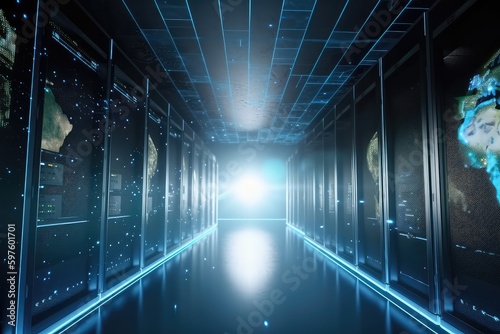 Dark server room with glowing lights. Generative AI © Vitor Miranda