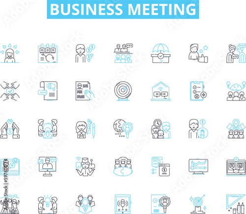 Business meeting linear icons set. Presentation, Discussion, Agenda, Collaboration, Brainstorming, Nerking, Productivity line vector and concept signs. Strategy,Solutions,Updates outline illustrations