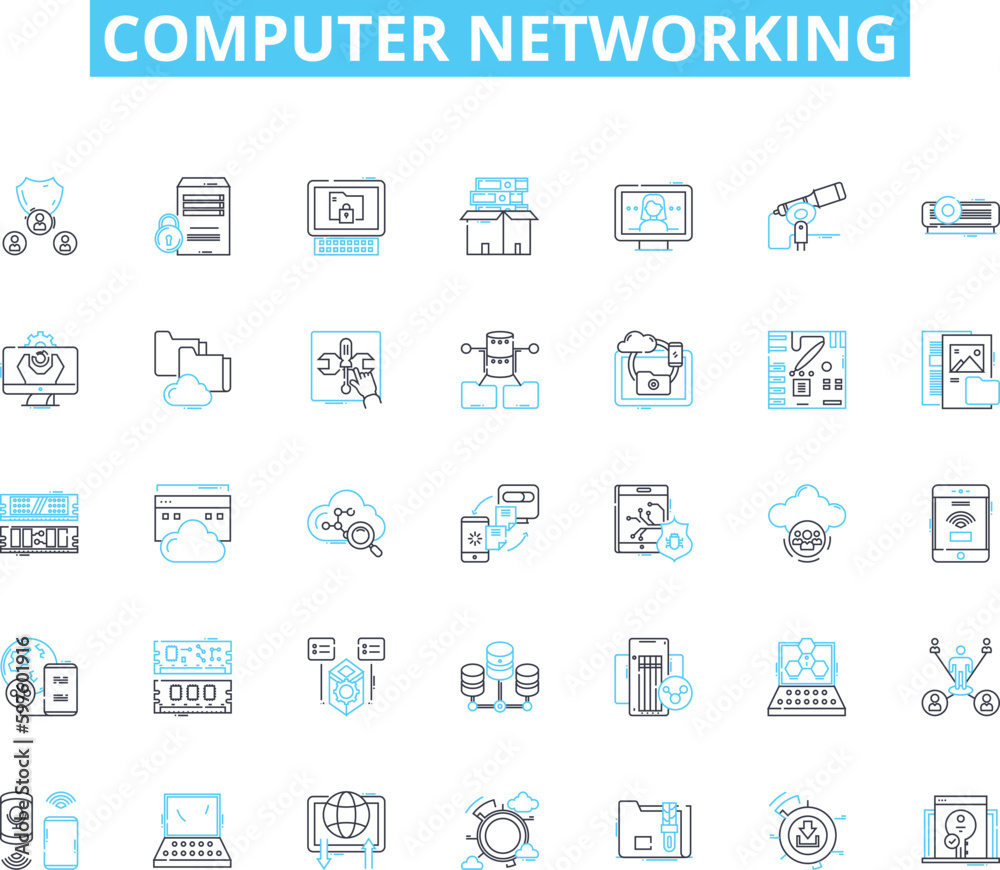 Computer networking linear icons set. Router, LAN, WAN, Ethernet, Firewall, Modem, DNS line vector and concept signs. IP,Subnet,VPN outline illustrations
