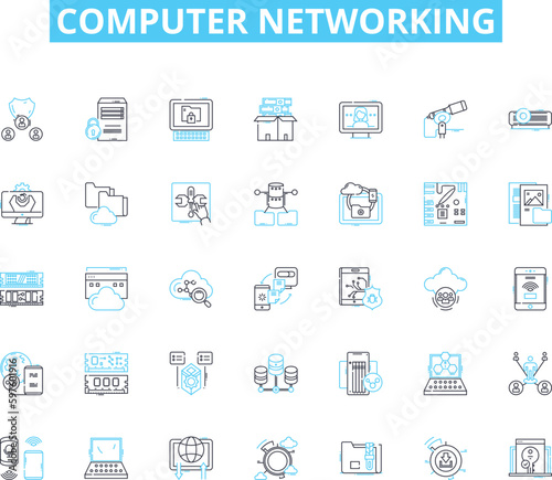 Computer networking linear icons set. Router, LAN, WAN, Ethernet, Firewall, Modem, DNS line vector and concept signs. IP,Subnet,VPN outline illustrations photo