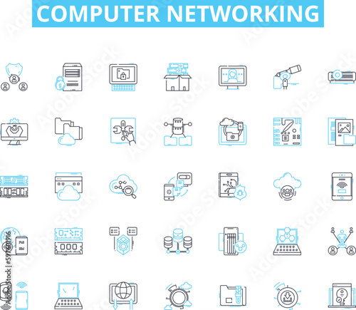 Computer networking linear icons set. Router, LAN, WAN, Ethernet, Firewall, Modem, DNS line vector and concept signs. IP,Subnet,VPN outline illustrations