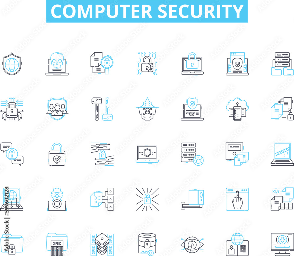 Computer security linear icons set. Firewall, Cryptography, Malware, Authentication, Encryption, Phishing, Virus line vector and concept signs. Hacking,Cybercrime,Password outline illustrations