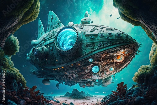 Ocean Colonization, harvesting, submarine, terraforming, AI generated art, steampunk, wall art, wallpaper frame art photo