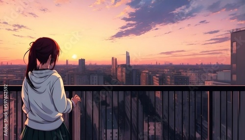 Upset anime girl standing alone on balcony watching sunset digital art. Generative AI