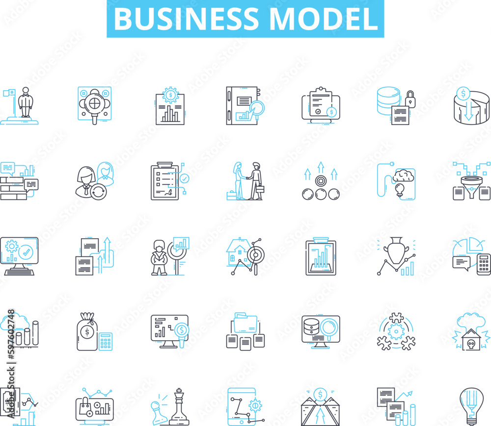 Business model linear icons set. Innovation, Disruption, Revenue, Scalability, Sustainability, Efficiency, Customer line vector and concept signs. Strategy,Differentiation,Flexibility outline