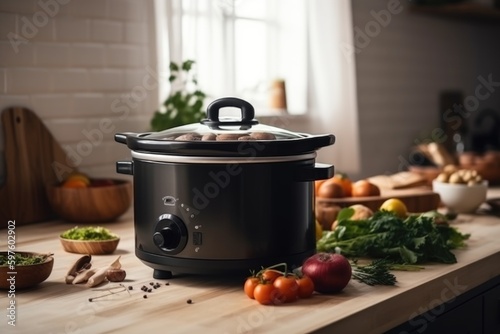 Black multicooker kitchenware food setting, kitchen appliance concept, ai generative photo