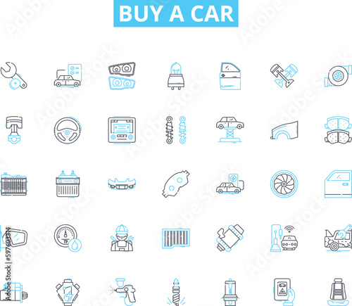 Buy a car linear icons set. Purchase, Vehicle, Auto, Automobile, Transport, Drive, Investment line vector and concept signs. Status,Upgrade,Budget outline illustrations