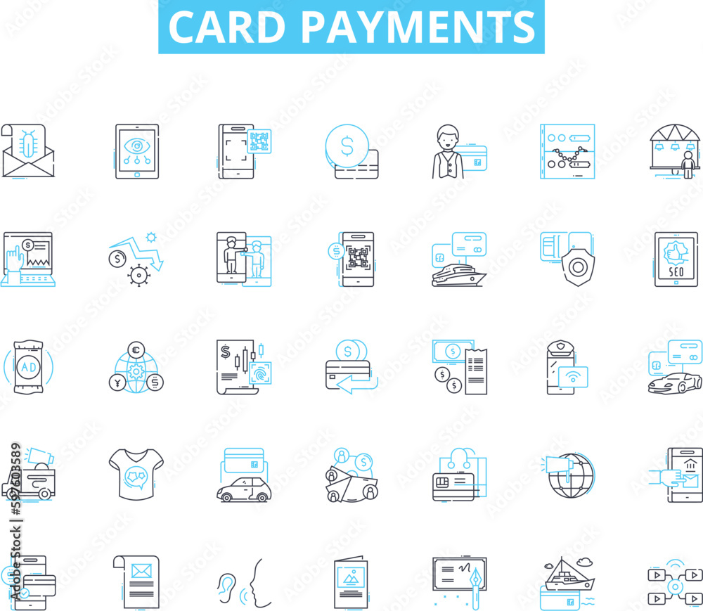 Card payments linear icons set. Transaction, Authorization, Payment, Swipe, PIN, Chip, POS line vector and concept signs. Terminal,EMV,Contactless outline illustrations