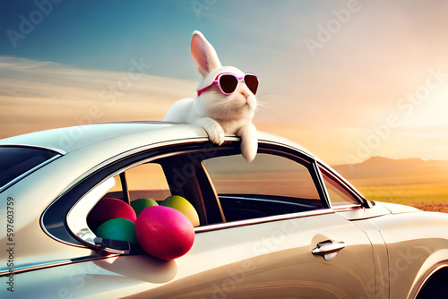 car in the desert, bunny on the car, and Easter eggs in car, Generative Ai