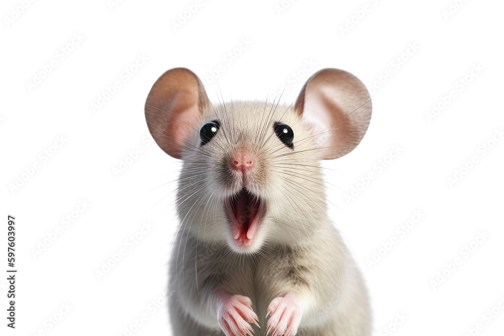 Close-up Funny Portrait of Surprised Mouse with Huge Eyes. AI generative. Isolated on White Background.