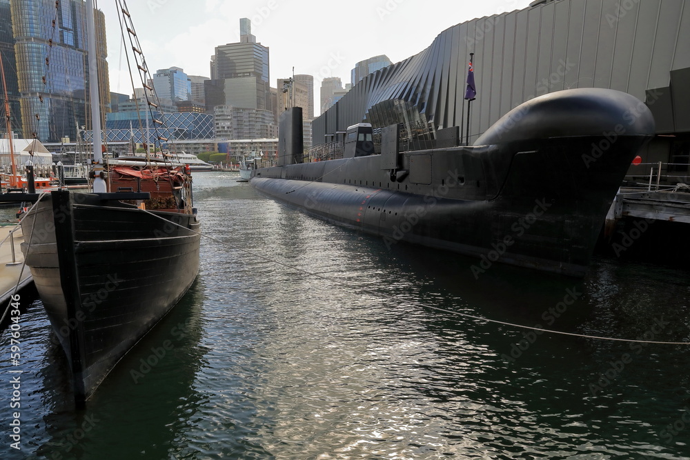 Naklejka premium Submarine and fishing trawler-display of the Australian National Maritime Museum. Darling Harbour-Sydney-Australia-611