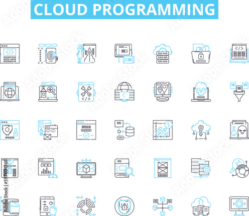 Cloud programming linear icons set. Virtualization, Elasticity, DevOps, Deployment, Microservices, Hybrid, Resiliency line vector and concept signs. Scalability,Security,Platform outline illustrations