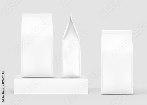 Hyper realistic packaging bag mockup. Front, side and back views. Vector illustration. Ready for use in presentation, promo, advertising on any backgrounds. 