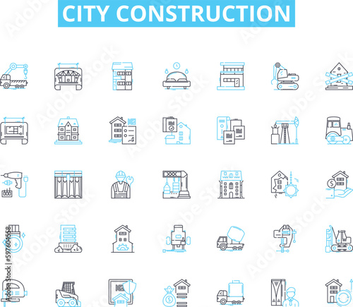 City construction linear icons set. Structures, Buildings, Planning, Design, Development, Infrastructure, Urbanization line vector and concept signs. Architecture,Materials,Skyscrapers outline