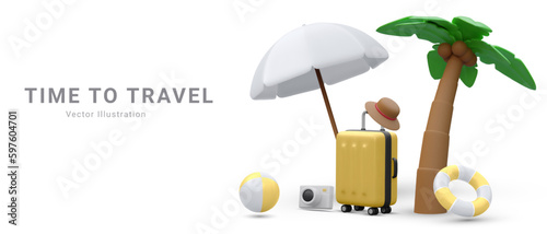 Marketing banner for online travel purchase in 3d realistic style with umbrella, suitcase, life buoy, hat , palm tree ,camera and  bitch ball. Vector illustration