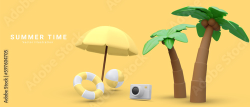 Marketing banner for online travel purchase in 3d realistic style with umbrella, lifebuoy, palm tree ,camera and  bitch ball. Vector illustration
