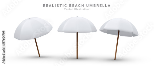3d render realistic vector set of sun shade parasols, umbrellas in white colour. Isolated icon on white background.