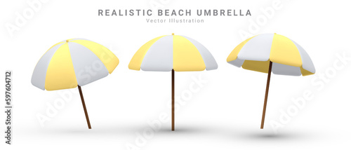 3d render realistic vector set of sun shade parasols, umbrellas in white and yellow  colour. Isolated icon on white background.