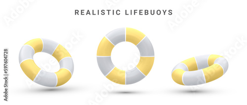 Set of 3d realistic inflatable rings ,.lifebuoy with shadow isolated on white background. Vector illustration