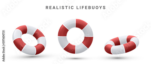 Set of 3d realistic inflatable rings ,.lifebuoy with shadow isolated on white background. Vector illustration