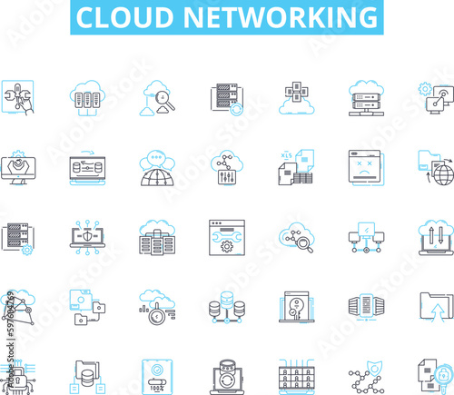 Cloud networking linear icons set. Virtualization, Scalability, Elasticity, Automation, Multi-tenancy, Agility, Flexibility line vector and concept signs. Orchestration,Integration,Interoperability