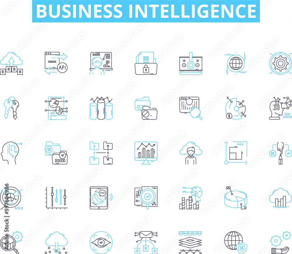 Business intelligence linear icons set. Analytics, Data, Insights, Performance, Dashboards, Reporting, Visualization line vector and concept signs. Metrics,Strategy,Decision-making outline