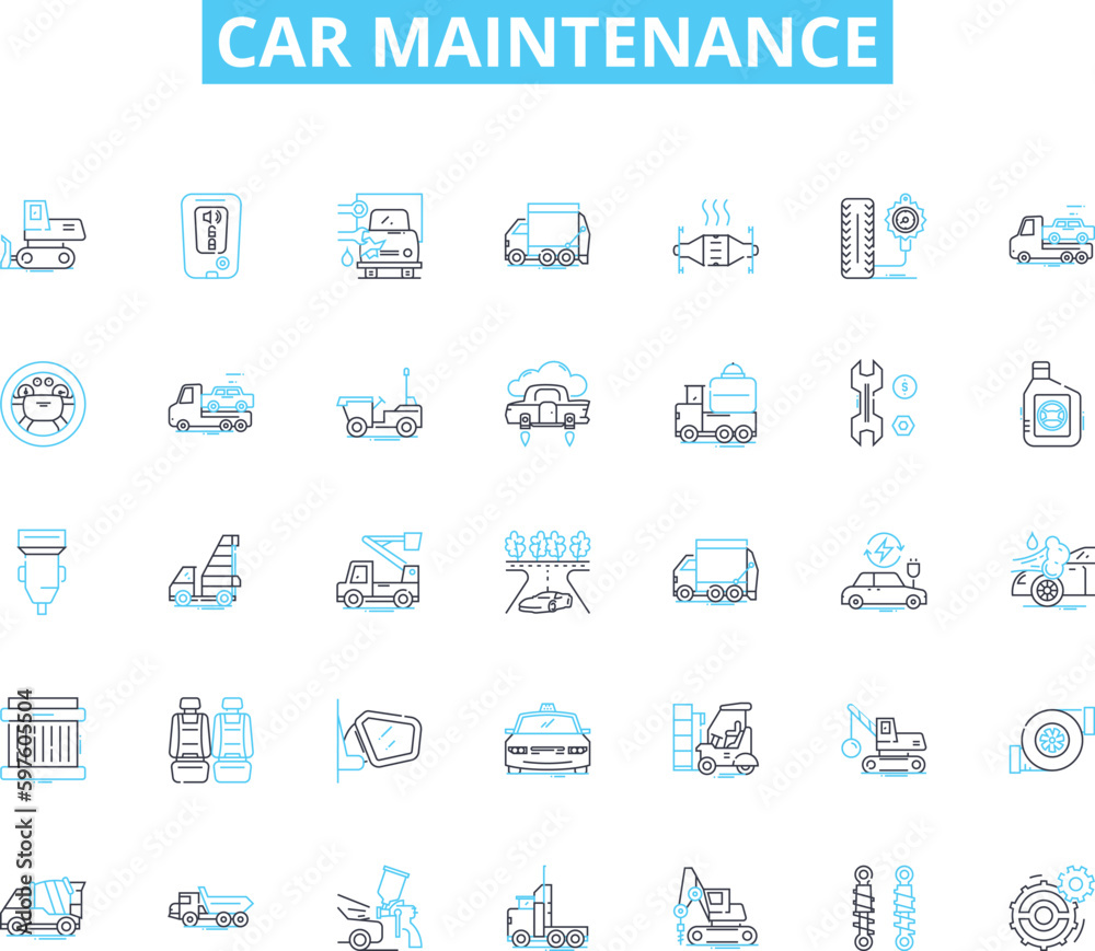 Car maintenance linear icons set. Oil change, Brake pads, Alignment, Battery, Radiator, Transmission, Spark plugs line vector and concept signs. Tire rotation,Coolant,Filters outline illustrations Car maintenance linear icons set. Oil change, Brake pads, Alignment, Battery, Radiator, Transmission, Spark plugs line vector and concept signs. Tire rotation,Coolant,Filters outline illustrations