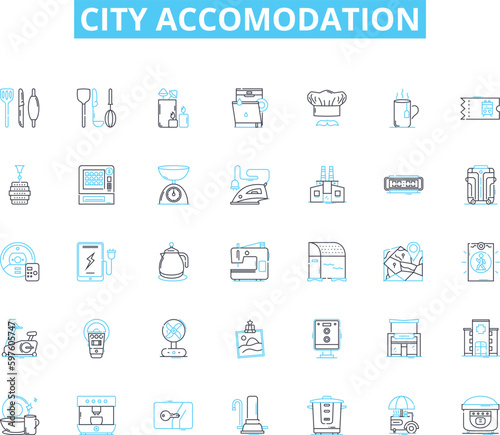 City accomodation linear icons set. Cosy, Centrality, Comfort, Ambiance, Convenience, Spacious, Accessibility line vector and concept signs. Luxury,Modern,Stylish outline illustrations