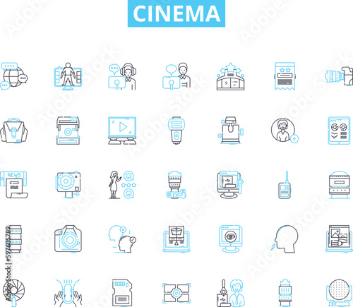 Cinema linear icons set. Film, Action, Drama, Comedy, Romance, Thriller, Horror line vector and concept signs. Adventure,Sci-fi,Fantasy outline illustrations