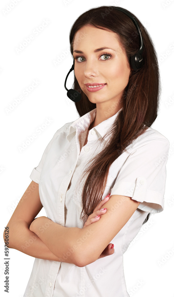 Young attractive business woman in white shirt using headphones isolated on white background Young attractive business woman in white shirt using headphones isolated on white background