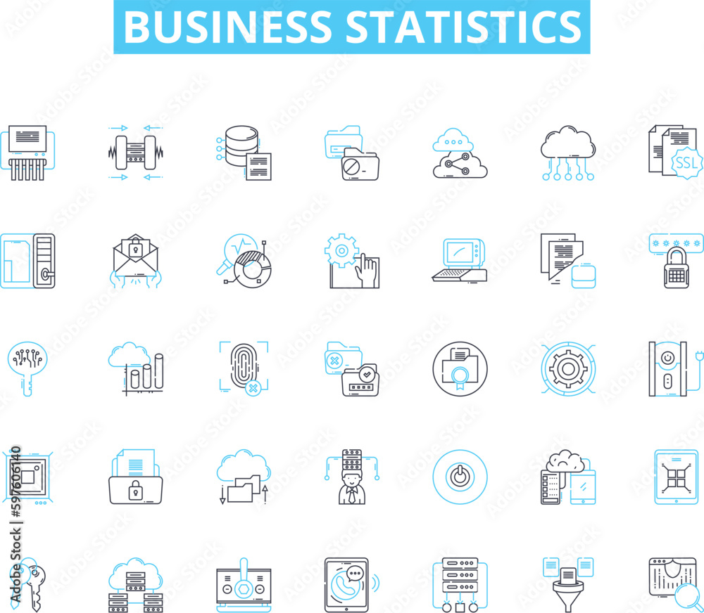 Business statistics linear icons set. Analysis, Forecasting, Data, Probability, Trends, Variability, Correlation line vector and concept signs. Regression,Metrics,Probability distributions outline