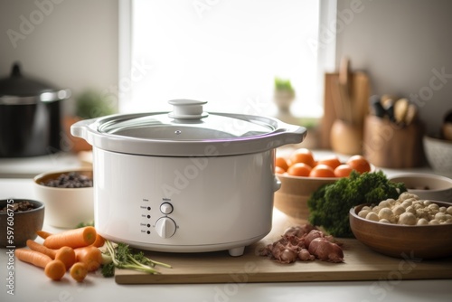 White multicooker kitchenware food setting, kitchen appliance concept, ai generative
