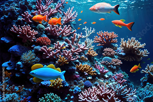 Tropical sea underwater fishes on coral reef, generative ai.