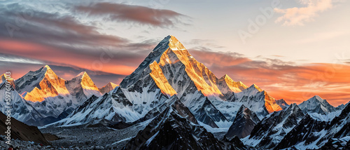 Photographie Mountain peak of the tibetan snow-capped mountains, a beautiful panorama of the mountains at sunset of the day, generative ai